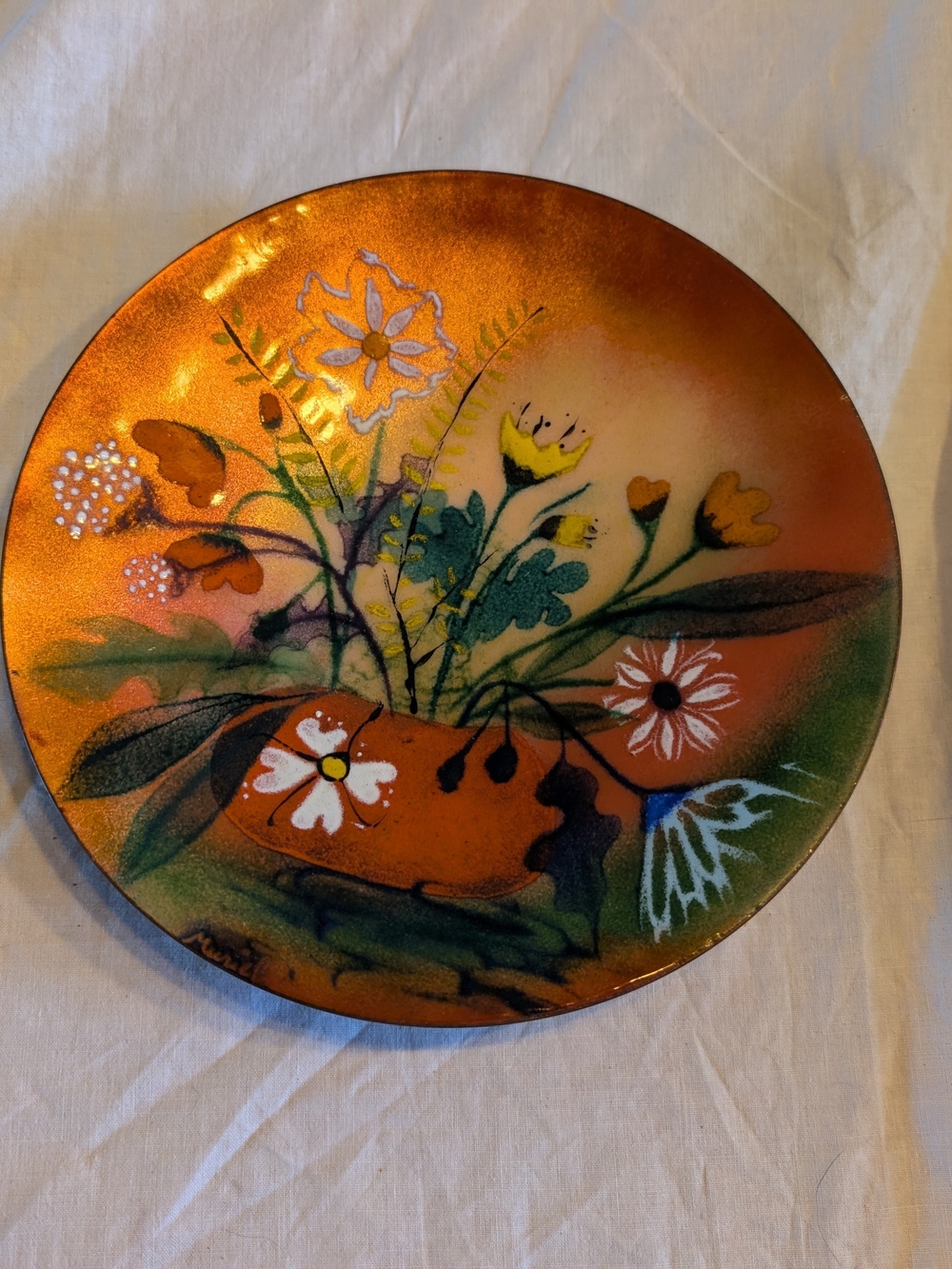 2/80$ Vintage Orange Floral enamel on copper accent plate